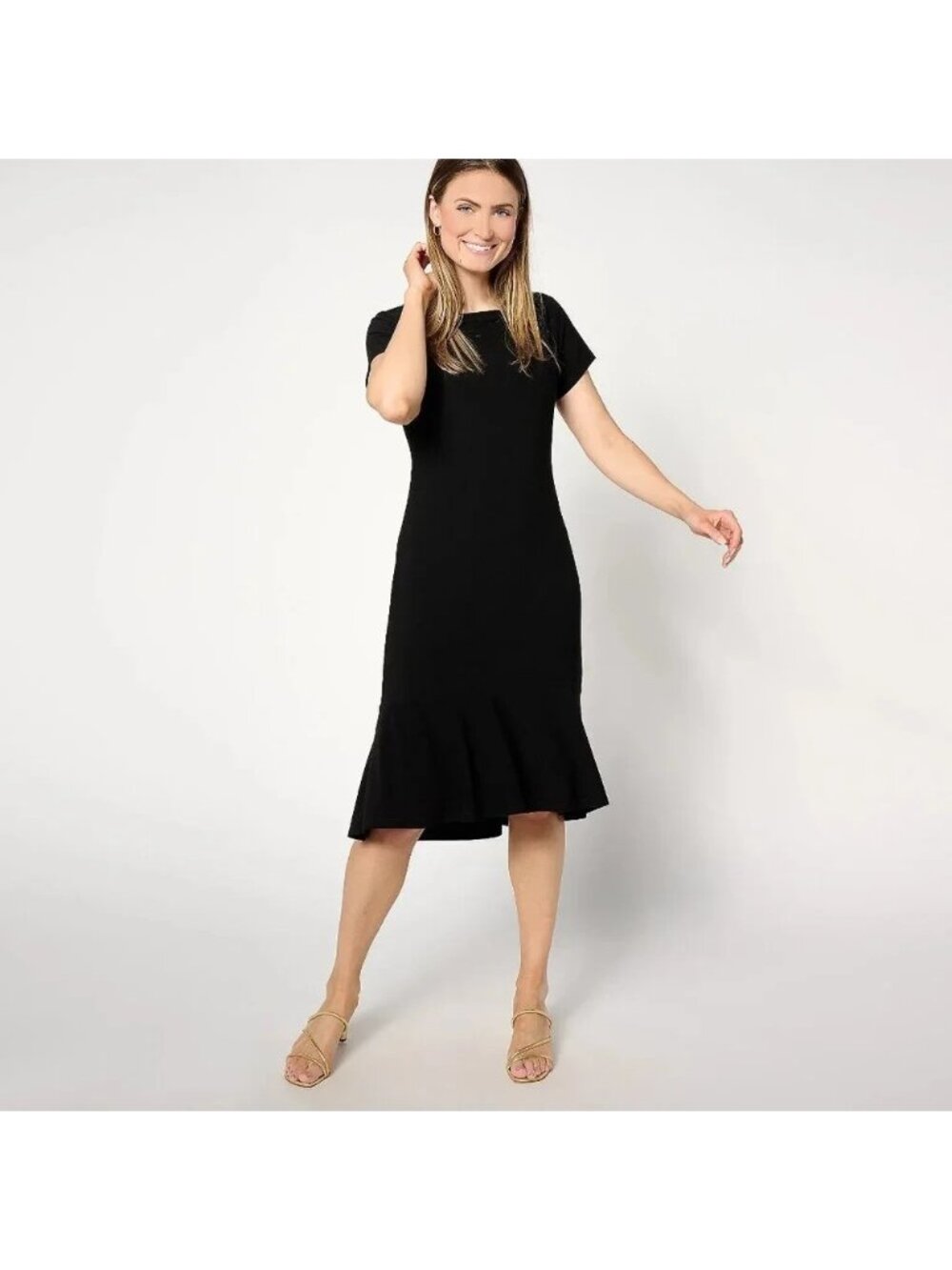 Dennis Basso Dress sz M Midi Flounce Caviar Knit Black A647100